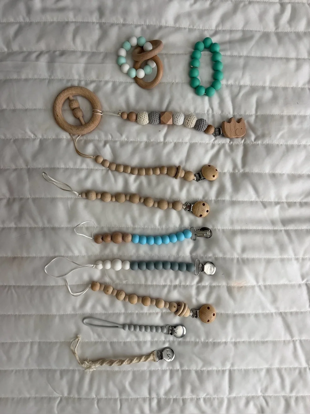 Handmade Wooden and Silicone Baby Pacifier Clips & Teethers - Neutral & Aqua Mix